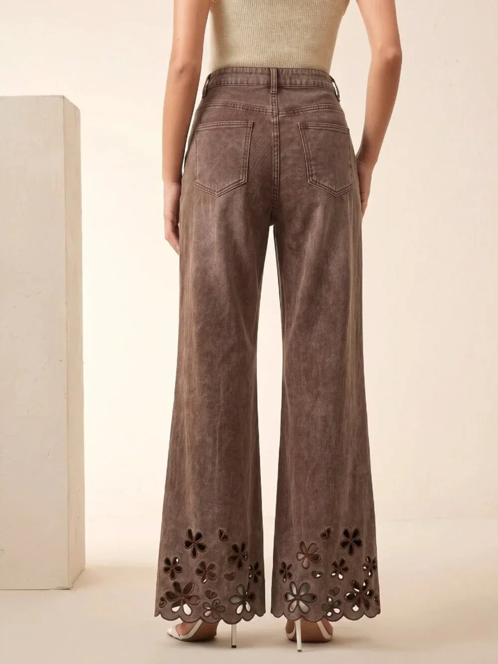 Coffee Brown Casual Women's Embroidered Hollow Out Pocket Design Flare Jeans